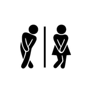May include: Black and white restroom sign. A stick figure of a man is on the left, leaning and holding his groin. A stick figure of a woman is on the right, also holding her groin. A vertical line separates the figures.