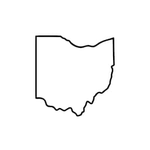 May include: A simple black line drawing representing the geographical outline of the state of Ohio. The graphic features a clean, continuous black border that defines the shape of the state against a plain, solid white background.