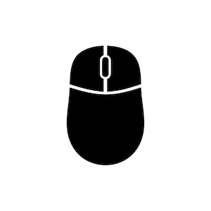 Puede incluir: Un icono de ratón de ordenador en negro sólido que presenta una forma superior redondeada, una línea divisoria vertical central y una pequeña rueda de desplazamiento ovalada entre dos botones de clic, en diseño gráfico plano.