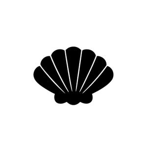 May include: A black seashell silhouette against a white background. The shell is fan-shaped with multiple curved segments radiating from a central point. The design is simple and graphic, suitable for various applications.