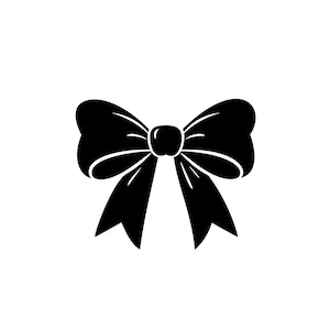 May include: A black bow illustration on a white background. The bow is symmetrical, with two loops on each side and two downward-pointing tails. The bow's center knot is rounded.