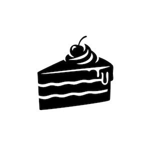 May include: A black and white illustration of a slice of cake. The cake has multiple layers, with a swirl of frosting and a cherry on top. The frosting is dripping down the side of the cake.