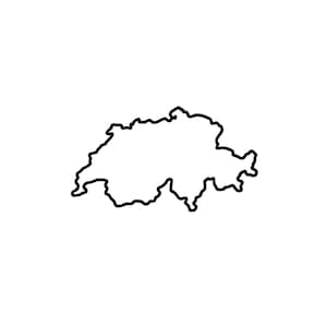 Könnte beinhalten: Eine einfache schwarze Strichzeichnung, die den geografischen Umriss der Schweiz darstellt. Die Grafik besteht aus einem durchgehenden, dünnen schwarzen Strich, der die unregelmäßigen Grenzen des Landes auf einem schlichten, weißen Hintergrund nachzeichnet.