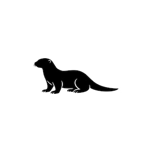 Peut inclure: Une silhouette noire unie d'une loutre représentée de profil, tournée vers la gauche. Le graphique montre l'animal dans une posture basse et au repos, avec un corps allongé, quatre pattes visibles et une longue queue effilée vers la droite.