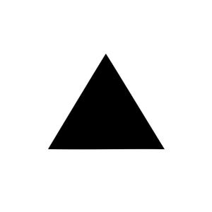 Pode incluir: Uma forma de triângulo equilátero preto sólido centralizada num fundo branco liso. A figura geométrica apresenta três cantos afiados e arestas retas, criando um elemento visual arrojado e de alto contraste sem padrões ou texturas adicionais.