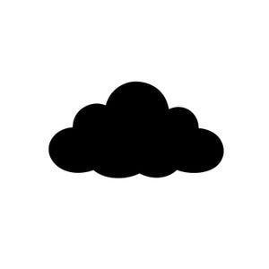 May include: A solid black cloud shape against a white background. The cloud is a simple, rounded design, with a smooth, opaque appearance. The image is a graphic illustration of a cloud.