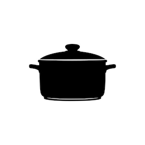 Könnte beinhalten: Eine massive schwarze Silhouette eines Kochtopfs mit Deckel. Der Topf hat einen breiten, zylindrischen Körper, zwei seitliche Griffe, die horizontal abstehen, und einen kleinen, abgerundeten Knopf in der Mitte des Deckels. Flaches Design.