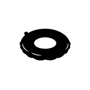 May include: A black inflatable pool float with a circular design and a hole in the center. The float has a textured edge and a small, rounded valve. Perfect for summer fun and water activities.