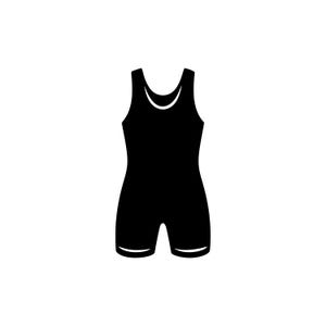 May include: A solid black wrestling singlet featuring a sleeveless design with a scoop neckline and short leg openings. The garment is depicted as a simple, flat silhouette icon with clean lines, showcasing the standard one-piece athletic cut.