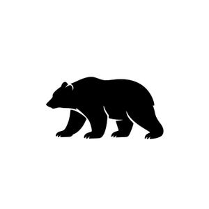 以下が含まれることがあります： 左を向いたクマの横顔のシルエット。グラフィックデザインは、耳、鼻先、4本の足がはっきりと見える歩いているクマの形を特徴としており、フラットで大胆かつコントラストの強いスタイルで表現されています。