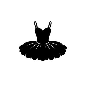 May include: A black silhouette of a ballet tutu dress. The dress has a fitted bodice with thin straps and a full, layered skirt. The design is simple and elegant, suitable for dance or costume themes.
