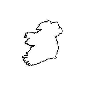 May include: A simple black line drawing depicting the geographical outline of the island of Ireland. The graphic features a continuous, thin black stroke that traces the irregular coastal shape of the landmass against a plain white background.