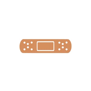 May include: A tan adhesive bandage featuring a rectangular central pad outlined in white, with rounded ends and a series of small circular perforations arranged in two vertical groups on either side of the central absorbent section.