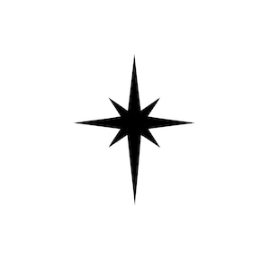 Può includere: Una stella nera a otto punte su sfondo bianco. La stella ha bordi affilati e appuntiti che si irradiano da un punto centrale. Il design è semplice e grafico.