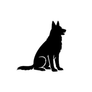 May include: A solid black silhouette graphic of a German Shepherd dog sitting in profile. The design features sharp, clean edges depicting the pointed ears, thick fur around the neck, and a long tail extending horizontally from the body.