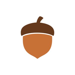 Puede incluir: Una ilustración gráfica plana de una bellota que presenta una tapa de color marrón oscuro con un pequeño tallo en la parte superior y un cuerpo de nuez redondeado de color tostado claro. El diseño utiliza colores sólidos y definidos.