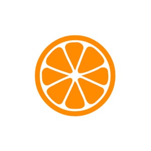 Könnte beinhalten: Eine grafische Darstellung einer aufgeschnittenen Orange mit einer leuchtend orangefarbenen kreisförmigen Schale und acht ausgeprägten, dreieckigen Segmenten, die durch dünne weiße Linien getrennt sind, zentriert auf weißem Grund.