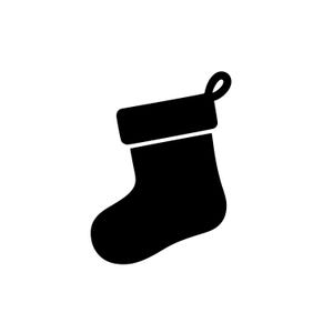 May include: A solid black silhouette of a Christmas stocking. The design features a simple, bold shape with a folded cuff at the top and a small loop attached to the upper right corner for hanging. The graphic is rendered in a flat, minimalist style.