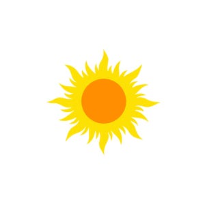May include: A stylized illustration of a sun with a bright orange center and yellow rays. The sun's rays are pointed and flame-like, radiating outwards from the center. The background is plain white.