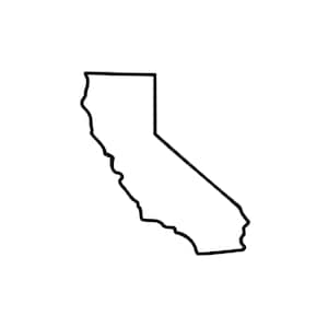 Peut inclure: Un dessin au trait noir simple représentant la forme de l'État de Californie. Le graphique présente une ligne nette et épaisse qui suit le contour distinct de l'État, incluant la côte découpée à l'ouest et les frontières droites à l'est et au nord.