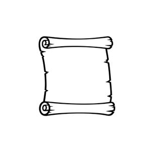 Peut inclure: Une illustration en noir et blanc au trait représentant un parchemin vierge. Le parchemin présente deux extrémités étroitement enroulées en haut et en bas, avec un espace rectangulaire central. Les bords du papier ont des lignes irrégulières.