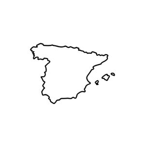 May include: A simple black line drawing depicting the geographical outline of the Iberian Peninsula, specifically Spain, including the Balearic Islands, set against a plain white background. The illustration features a clean, continuous stroke.
