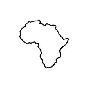 May include: A simple black line drawing depicting the outline of the African continent. The graphic features a continuous, bold black stroke that traces the distinct geographical shape and coastal borders of Africa against a plain white background.