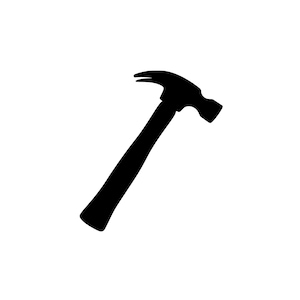 May include: A black silhouette of a claw hammer, a common hand tool. The hammer features a curved claw on one side and a flat striking face on the other, with a long handle.