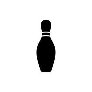 Könnte beinhalten: Schwarze Silhouette einer Bowlingkegel vor weißem Hintergrund. Der Kegel hat einen abgerundeten Kopf, ein weißes Band und einen breiteren Körper, der sich zur Basis verjüngt. Geeignet für Bowling-bezogene Produkte.