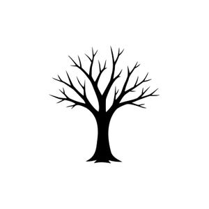 Peut inclure: Une silhouette noire d'un arbre sans feuilles avec un tronc épais et de multiples branches nues s'étendant vers l'extérieur. Le design graphique présente une couleur noire unie sur un fond blanc uni, représentant un arbre sans feuillage.