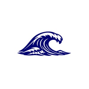 May include: A dark blue graphic illustration of a single ocean wave. The design features stylized, curved lines that depict the crest and foam of a breaking wave, set against a plain white background with no other elements or text present.