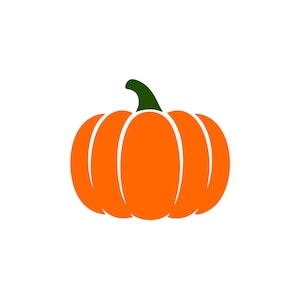May include: A flat, graphic illustration of a pumpkin featuring a vibrant orange body with distinct, rounded vertical segments and a dark green stem curving slightly to the left, presented against a plain, solid white background.