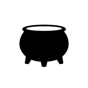 May include: A solid black silhouette of a rounded cauldron with a wide open top and three short, sturdy legs. The design features a thick, curved rim and a deep, bulbous body, presented as a simple, high-contrast graphic icon on a white background.