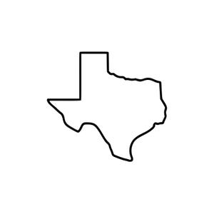 May include: A simple black line drawing depicting the outline of the state of Texas. The graphic features a clean, minimalist border that traces the distinct geographical shape of the state, including the panhandle and the southern border.