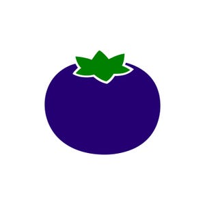 Può includere: Un'illustrazione grafica piatta e bidimensionale di un frutto rotondo viola scuro con un corpo viola solido e un gambo verde brillante a forma di stella sulla parte superiore. Il design presenta linee pulite e un'estetica semplice ed essenziale.