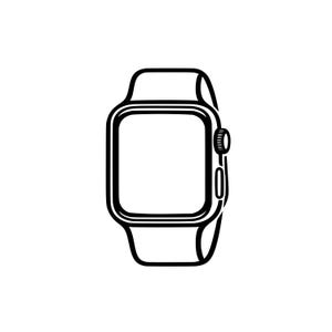 May include: Black and white line art illustration of a smartwatch. The watch features a rectangular screen, a side button, and a strap. The design is minimalist and modern, suitable for digital art or tech-related themes.