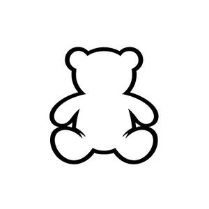 May include: A black and white outline of a teddy bear. The bear has a simple design with rounded features, including a head, ears, arms, and legs. The image is a minimalist illustration.