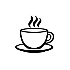Op de afbeelding: Zwart-wit illustratie van een koffiekopje met stoom. De beker staat op een schotel. Het eenvoudige, grafische ontwerp is geschikt voor logo's en andere toepassingen.
