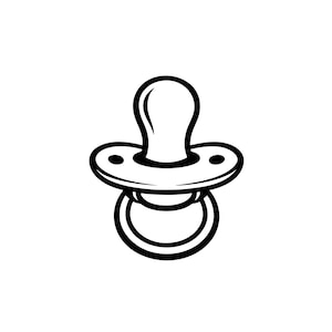 Op de afbeelding: Zwart-wit illustratie van een fopspeen. De fopspeen heeft een afgeronde speen, een cirkelvormig schild met twee kleine gaatjes en een ringhandvat. Het ontwerp is eenvoudig en grafisch, geschikt voor babygerelateerde producten.