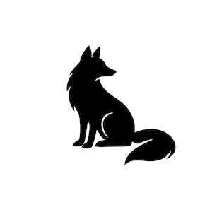 Puede incluir: Una silueta negra sólida de un zorro sentado de perfil, mirando hacia la derecha. El diseño presenta orejas puntiagudas, una cola tupida que se extiende hacia afuera y un contorno suave y limpio que define la postura y forma del animal.