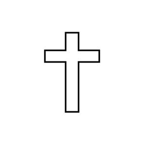 May include: A simple black outline of a Christian cross on a white background. The cross has a traditional shape with a vertical beam intersected by a horizontal beam.