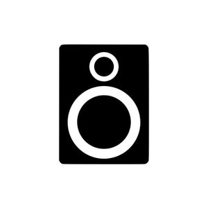 May include: A black rectangular icon featuring a white outline of a speaker. The design consists of a large circular speaker driver at the bottom and a smaller circular tweeter positioned directly above it, all set against a solid black background.