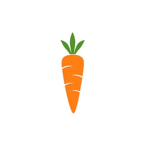 Op de afbeelding: Een platte vectorillustratie van een enkele wortel met een feloranje taps toelopend wortellichaam met drie horizontale gebogen lijnen en een set van drie puntige groene bladeren die uit de bovenkant van de groente steken tegen een witte achtergrond.