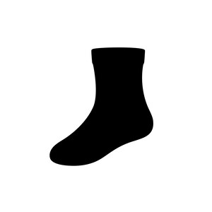 May include: A solid black sock silhouette shown in profile. The design features a standard crew length with a ribbed cuff at the top, a defined heel section, and a rounded toe area, presented as a simple, flat graphic icon on a plain white background.