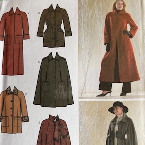 May include: A sewing pattern for five different coats. The pattern is for sizes US 16, 18, 20, 22, and 24. The pattern includes a long red coat, a long green coat, a brown coat with a fur collar, a green cape, and a red cape.