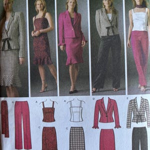 May include: A sewing pattern featuring various women's suit and dress designs. The image shows different outfits, including blazers, skirts, and pants in various colors and patterns. The pattern includes the text "4885" and "easy chic".