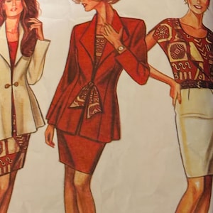 May include: Illustration of three women in different outfits. One wears a cream-colored suit with a red top, another a red suit with a patterned scarf, and the third a patterned top and white skirt. The image is a vintage fashion illustration.