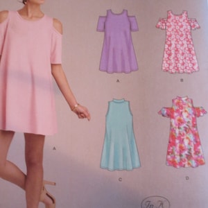 May include: A pink, open-shoulder dress is shown on a person, with a pattern for similar dresses. The pattern includes illustrations of dresses in purple, floral, and turquoise designs. The text "easy-to-sew" is visible.