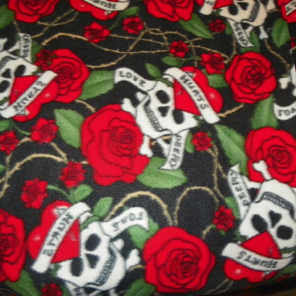 Skulls and Red Roses Fleece Fabric  Dark Red and Black Sold by the Yard