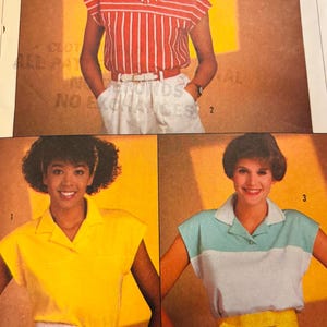 May include: Image of a fashion magazine page featuring three women modeling different collared shirts. The shirts are in yellow, red and white stripes, and blue and white. The models are wearing white skirts and belts.